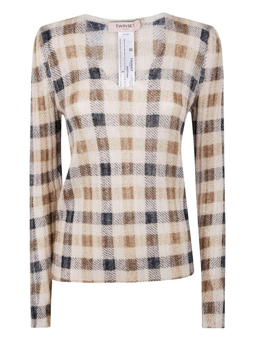 Twin-Set Checkered Knit Sweater With Fitted Silhouette