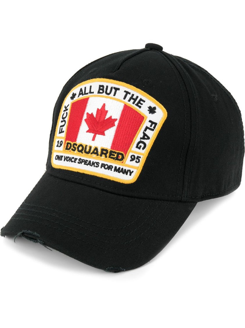 Dsquared2 Black Cotton Cap With Distressed Finish And Icon Motif
