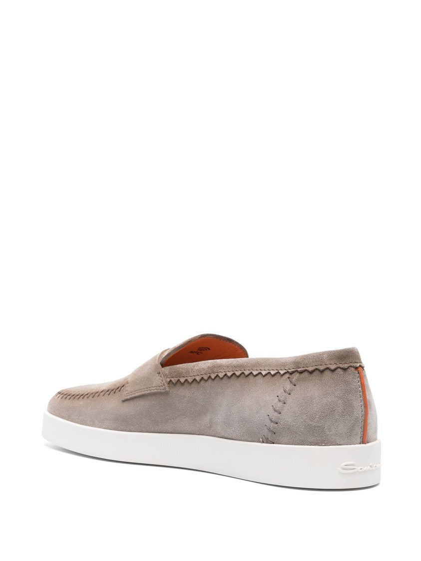 Santoni Brown Leather Loafers With Decorative Stitching