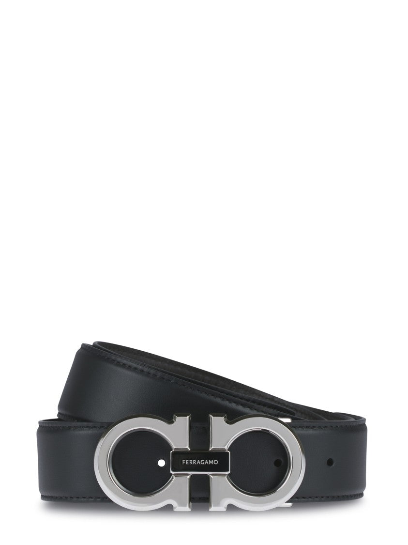 Ferragamo Calf Leather Belt With Polished Silver Buckle And Iconic Logo