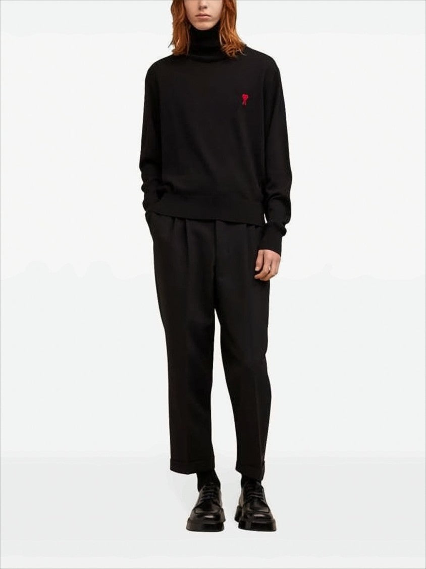 Ami Merino Wool Black Turtleneck Sweater With Heart Logo
