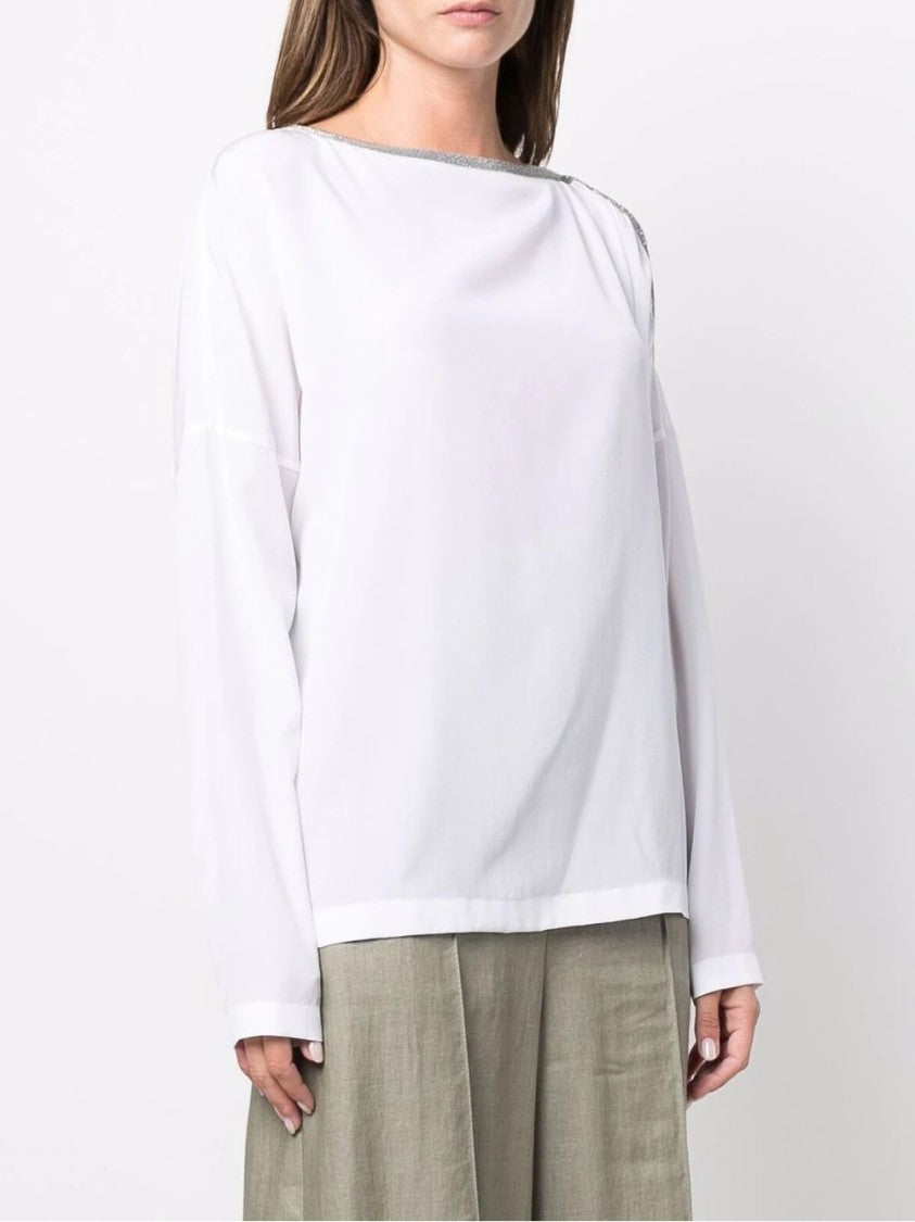 Brunello Cucinelli White Silk Long Sleeve Boat Neck Sweater