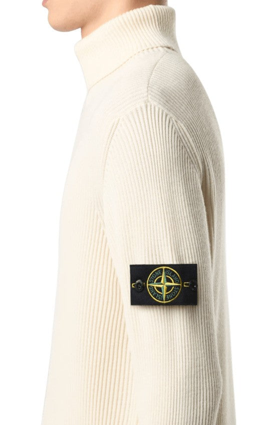 Stone Ribbed Turtleneck Sweater With Distinctive Badge