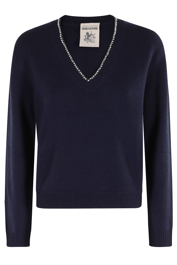 Semi Couture Nahia V-Neck Sweater With Rhinestone Detail