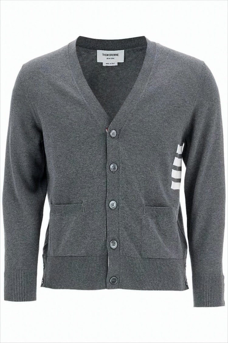 Thom Browne V-Neck Cotton Cardigan With Ribbed Cuffs And Subtle Stripes