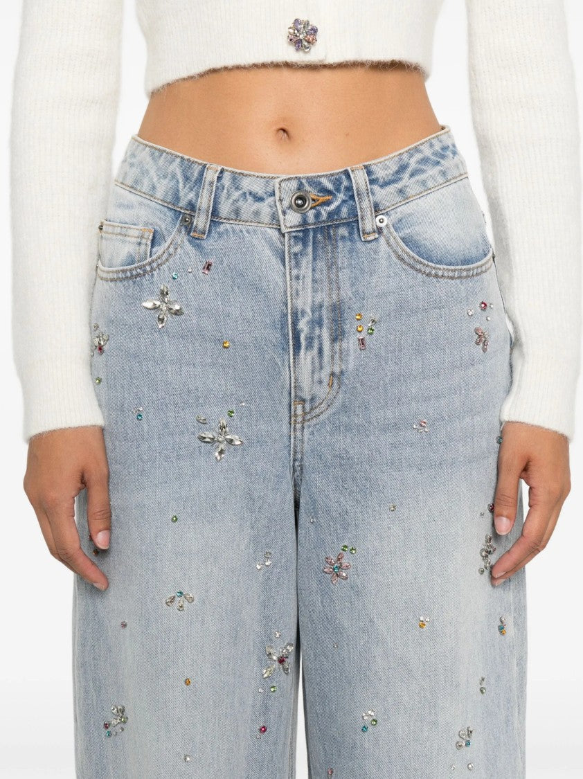 Self-Portrait Wide-Leg Jeans With Floral Embellishments