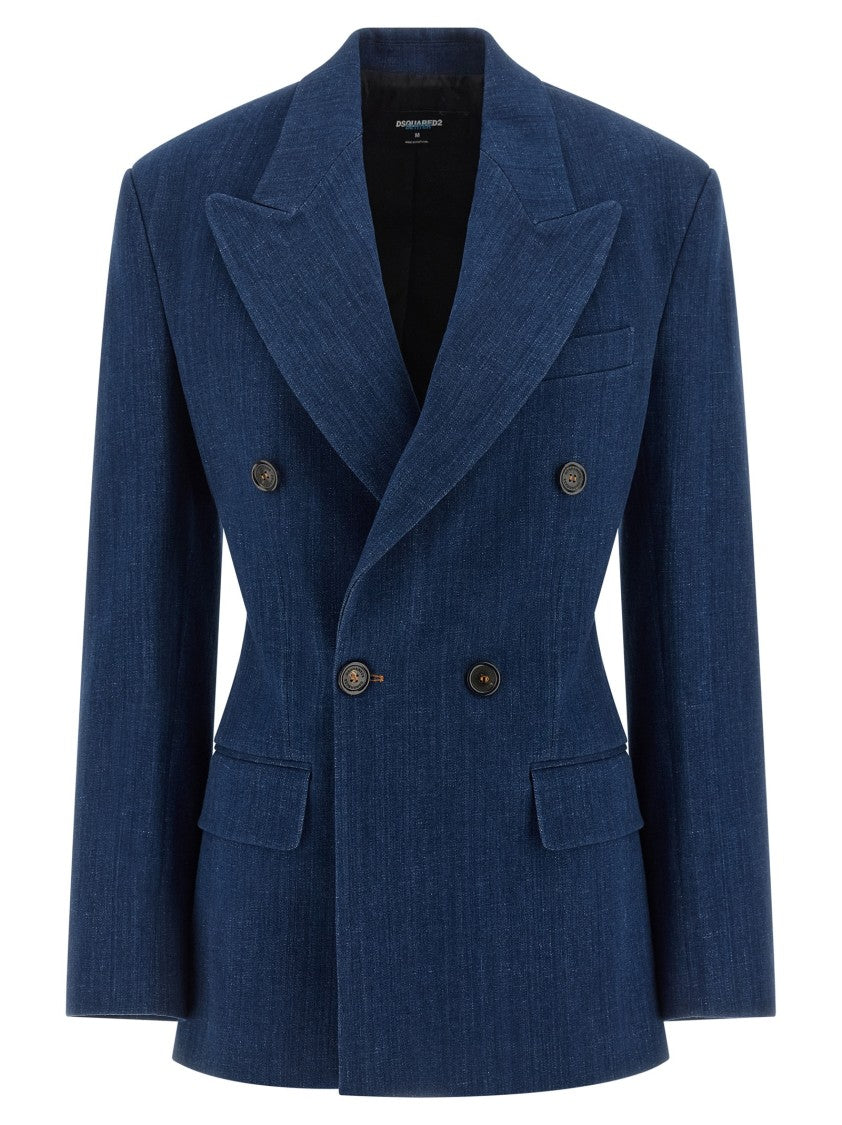 Dsquared2 Hourglass Double-Breasted Denim Blazer With Monogram Canvas Lining