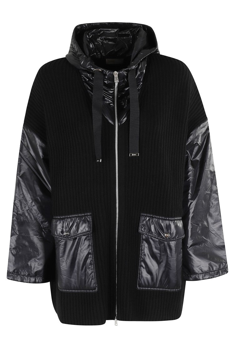 Herno Ribbed Wool Cape With Drawstring Hood And Contrasting Sleeves