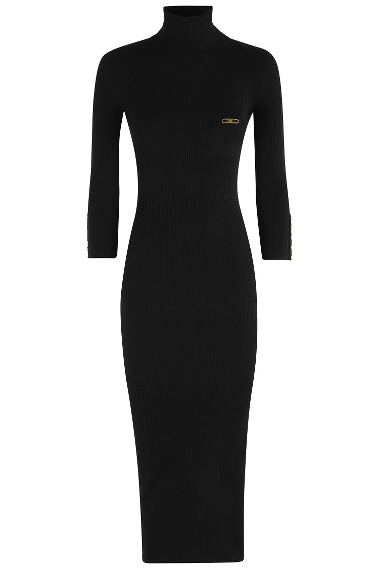 Elisabetta Franchi Form-Fitting Black Midi Dress With Ribbed Texture And Logo Detail