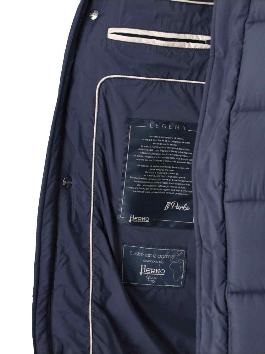Herno Long Navy Padded Quilted Jacket With Detachable Hood