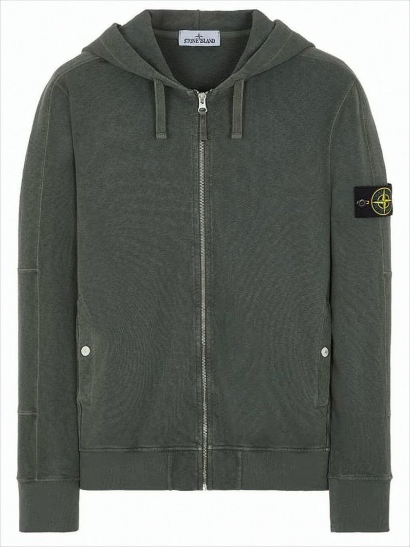 Stone Island Green Cotton Zip-Up Hoodie
