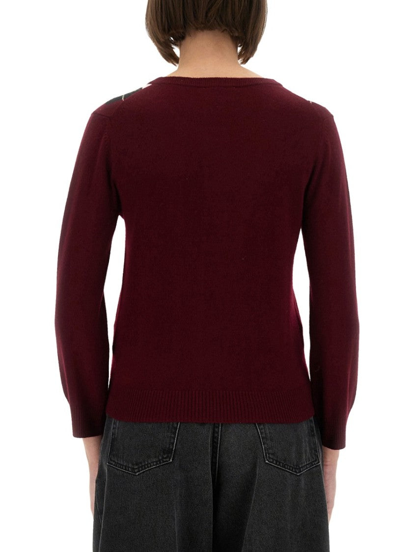 Ganni Burgundy Argyle Cardigan With Three-Quarter Sleeves