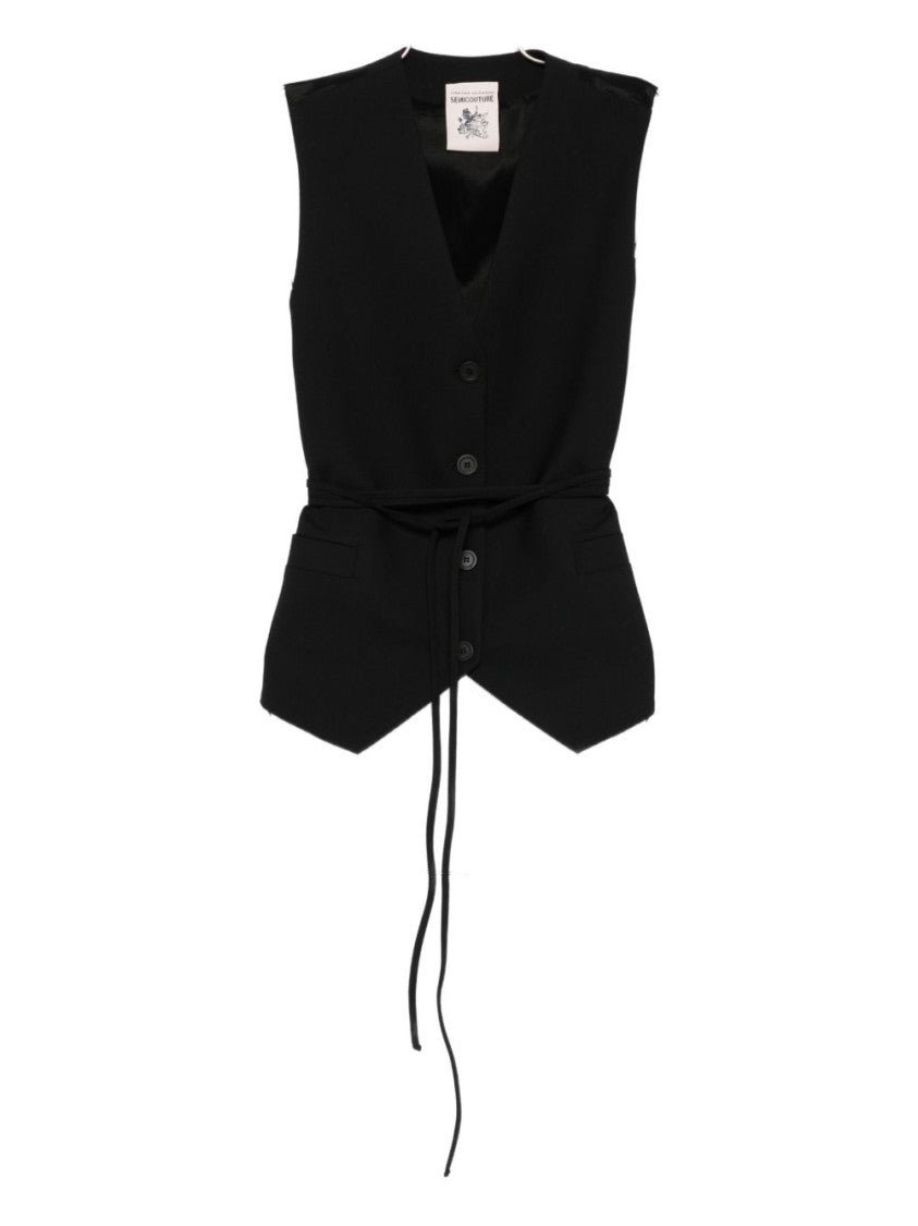 Semi Couture Sleeveless Black Gilet With Deep V-Neck