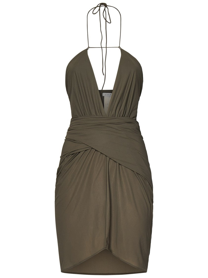 Amazuin Olive Green Mini Dress With Crossover Front
