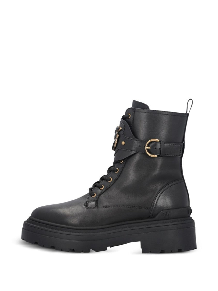 Pinko Chunky Platform Black Leather Boots With Decorative Buckle