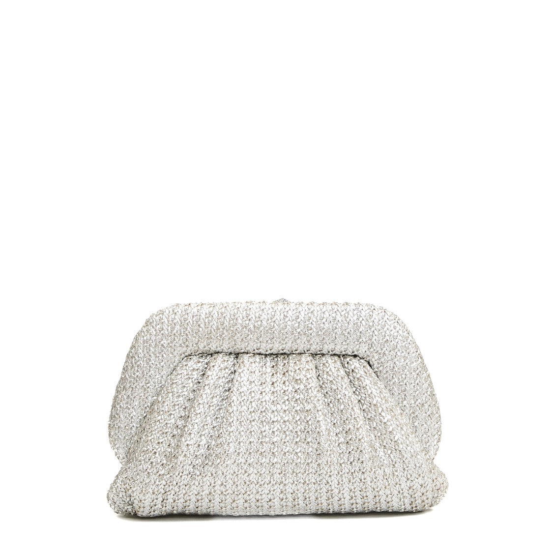 Twentyfourhaitch Woven Silver Clutch With Rhinestone Rose Detail