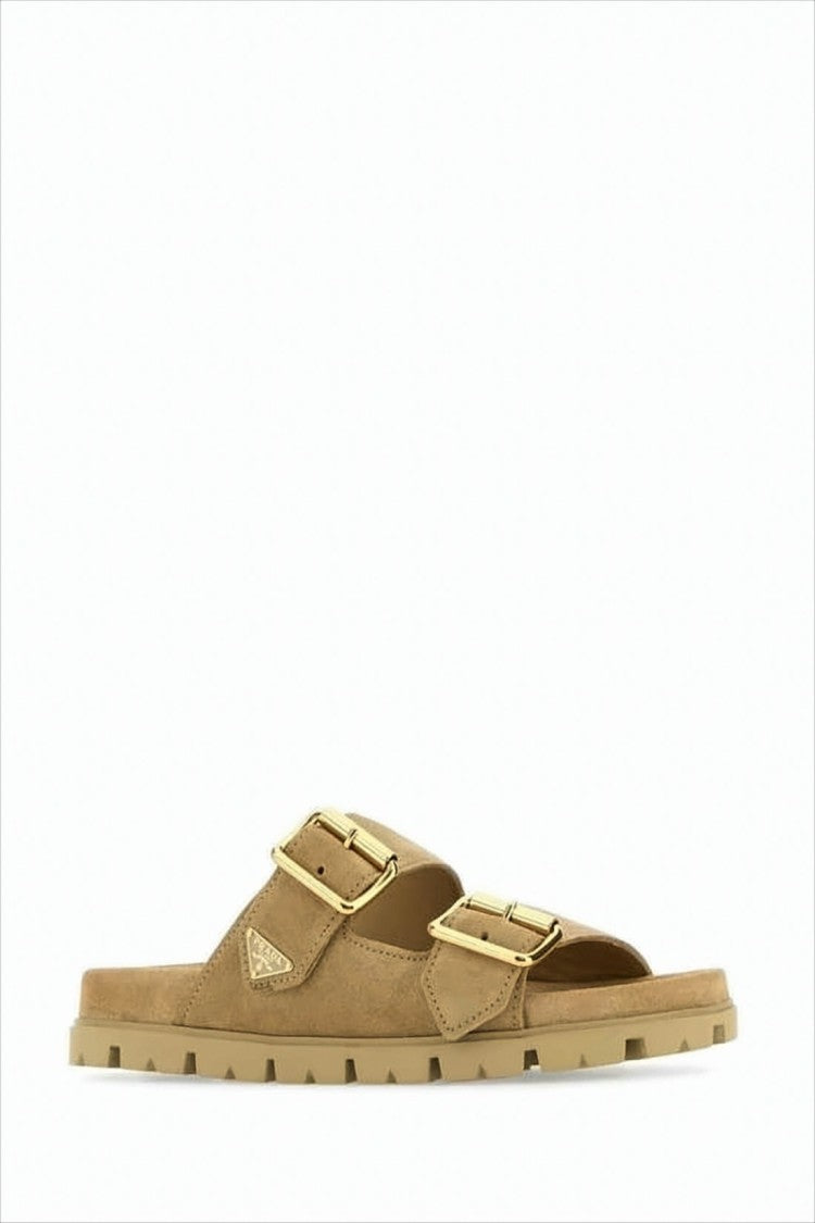 Prada Brown Calf Leather Mule Sandals With Gold-Tone Buckles