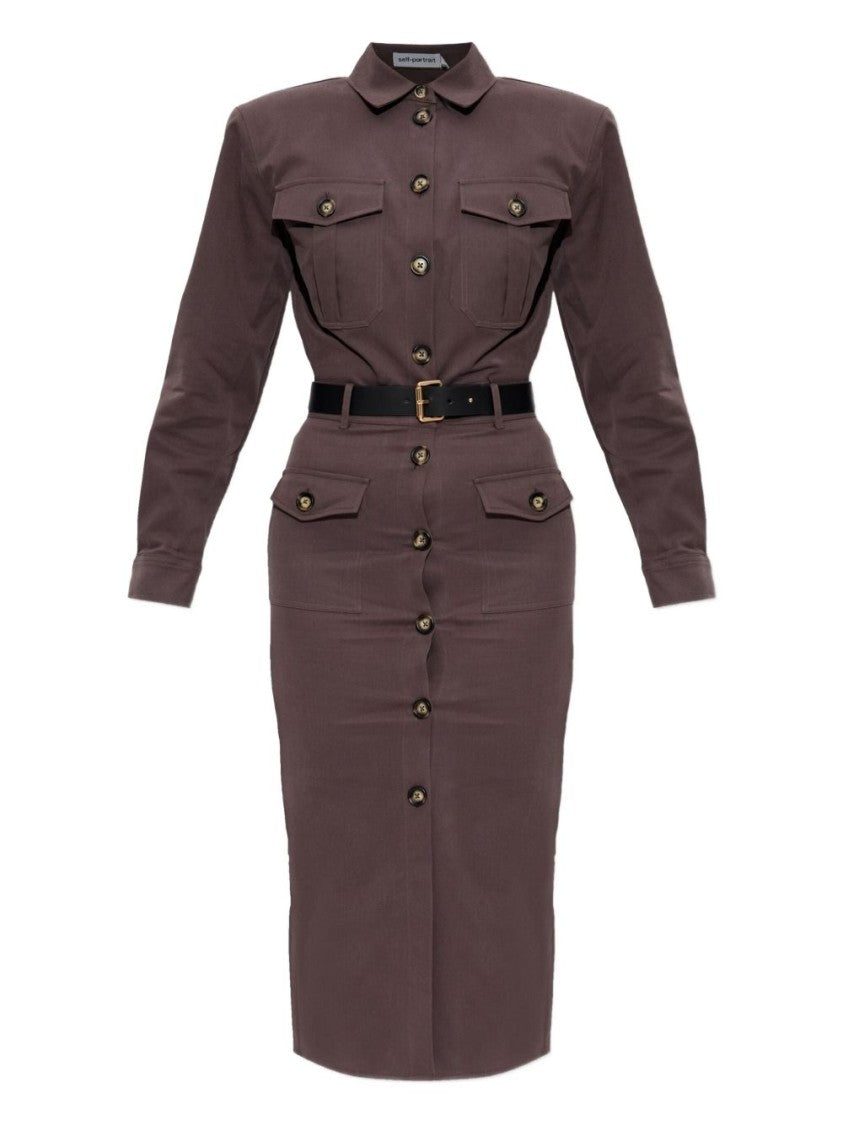 Self-Portrait Brown Cotton Belted Midi Dress