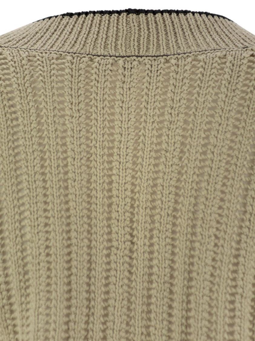 Brunello Cucinelli Perforated Rib Cotton Knit Cardigan With Jewellery