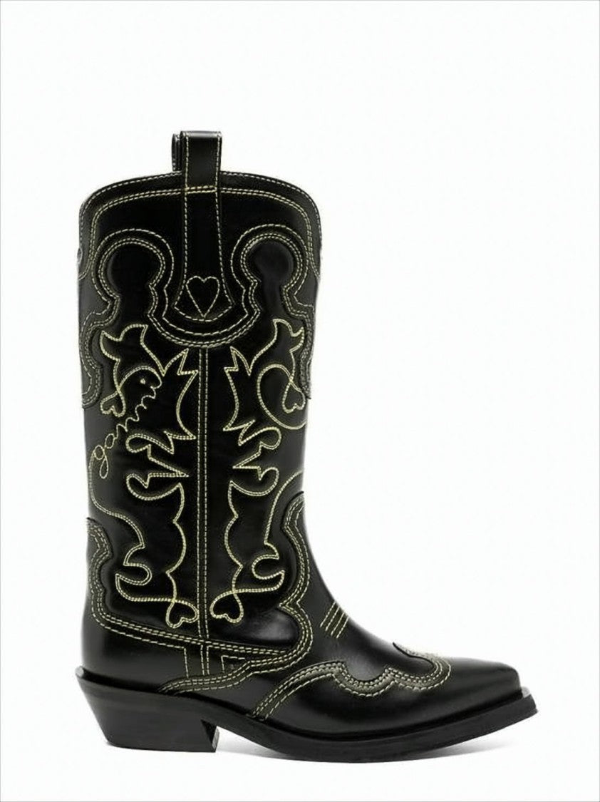 Ganni Mid-Calf Black Leather Boots With Western-Inspired Detailing