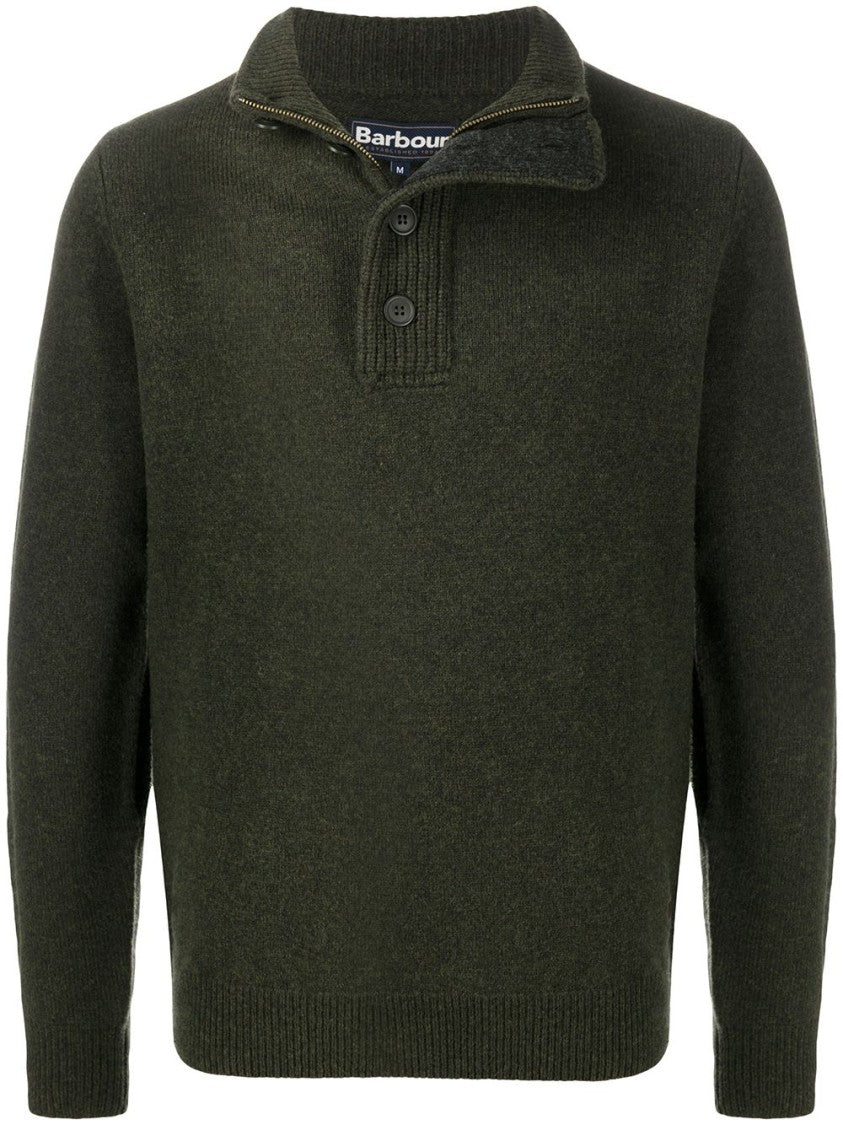 Barbour Forest Green Wool Knit Sweater With Ribbed Detailing And Button Accents