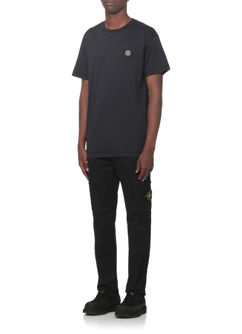 Stone Island Dark Blue Cotton T-Shirt Featuring Iconic Logo Patch