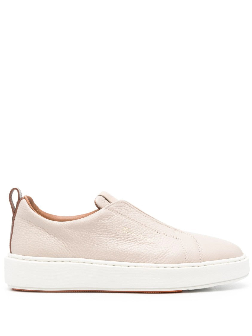 Santoni White Leather Slip-On Trainers With Rubber Sole