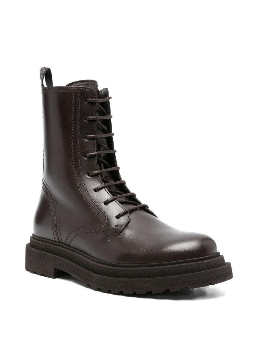 Brunello Cucinelli Polished Leather Lace-Up Boots With Side Zipper And Treaded Sole