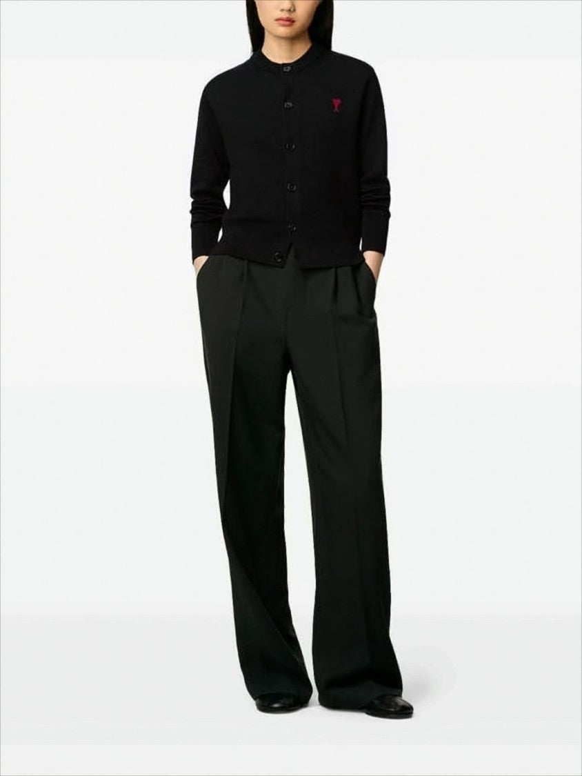 Ami Cropped Black Wool Cardigan With Round Neckline