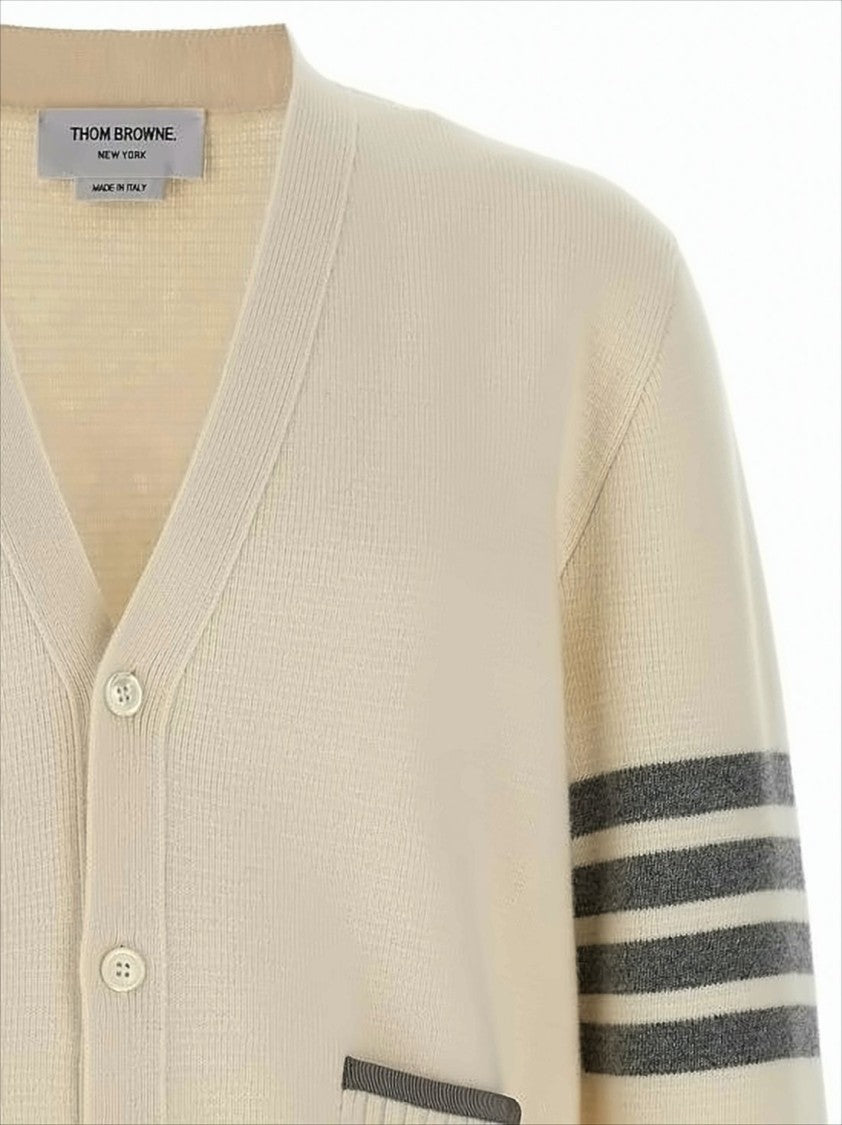 Thom Browne Soft Wool Knit Cardigan With V-Neck And Contrasting Details