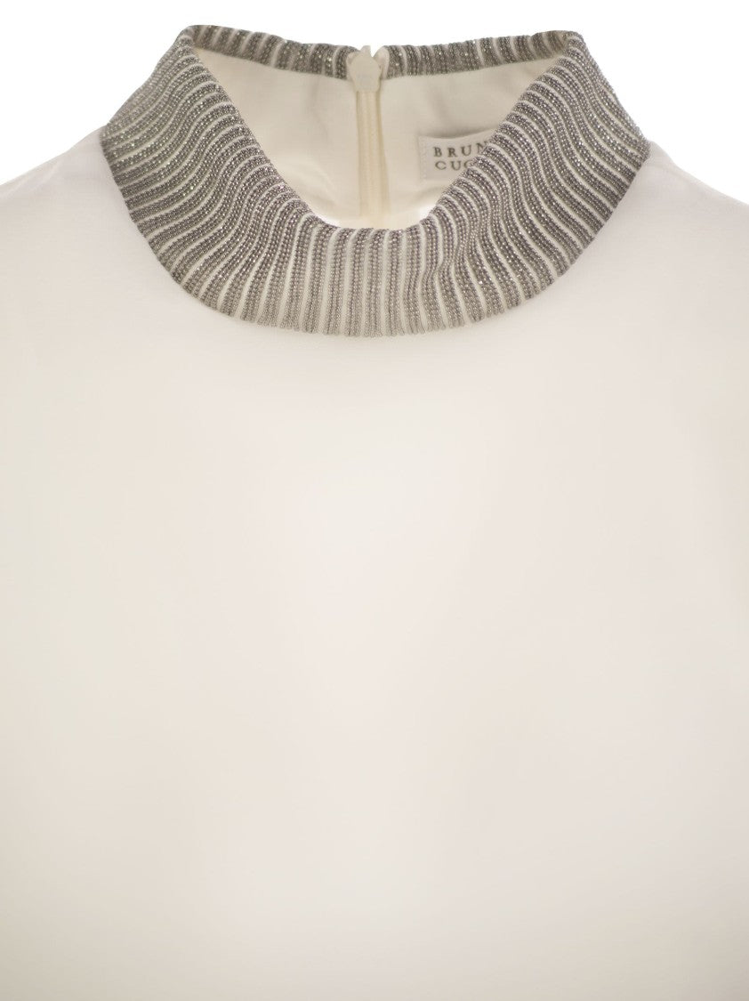 Brunello Cucinelli Silk Crepe De Chine Blouse With Neck Jewel