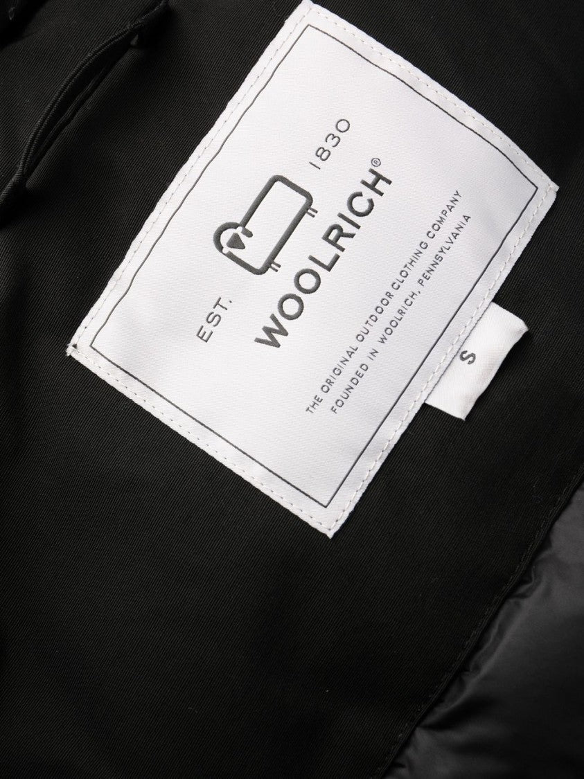 Woolrich Thigh-Length Black Coat With Classic Hood And Logo Patch