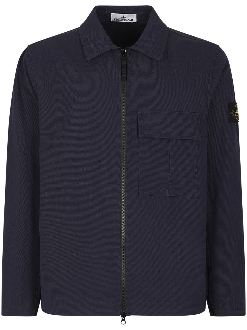 Stone Island Textured Blue Shirt With Zip-Up Front