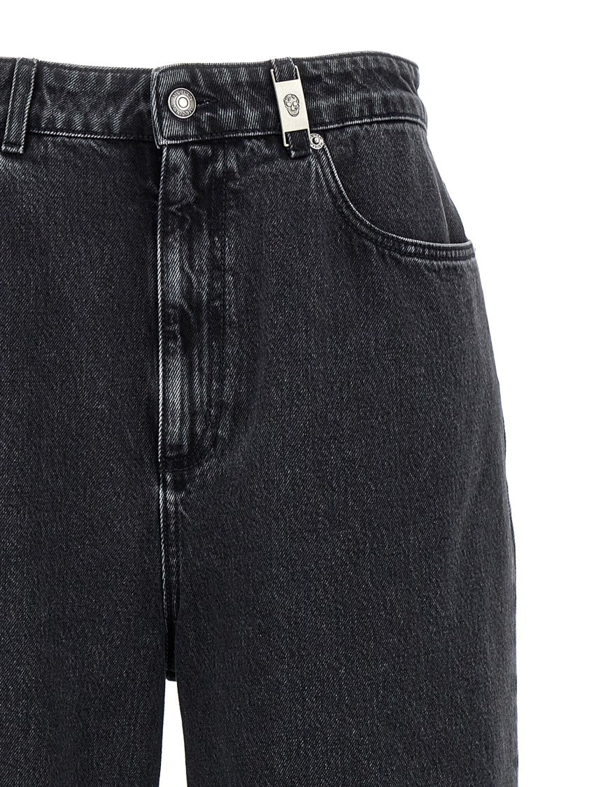 Mcqueen High-Waisted Wide-Leg Jeans In Black Delavé Denim