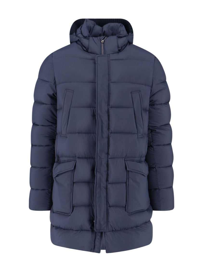 Herno Long Navy Padded Quilted Jacket With Detachable Hood