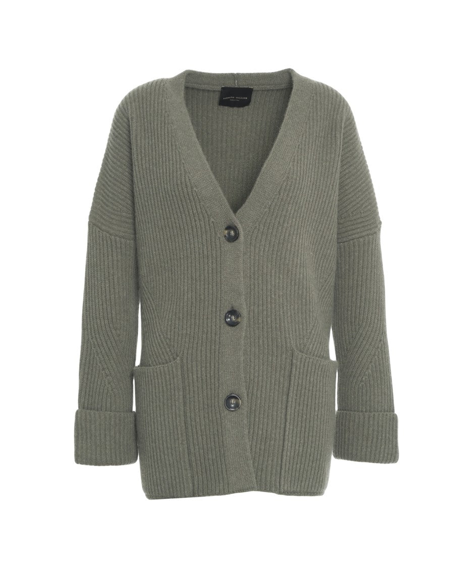 Roberto Collina Ribbed Knit Grey Cardigan With Relaxed Fit And V-Neckline
