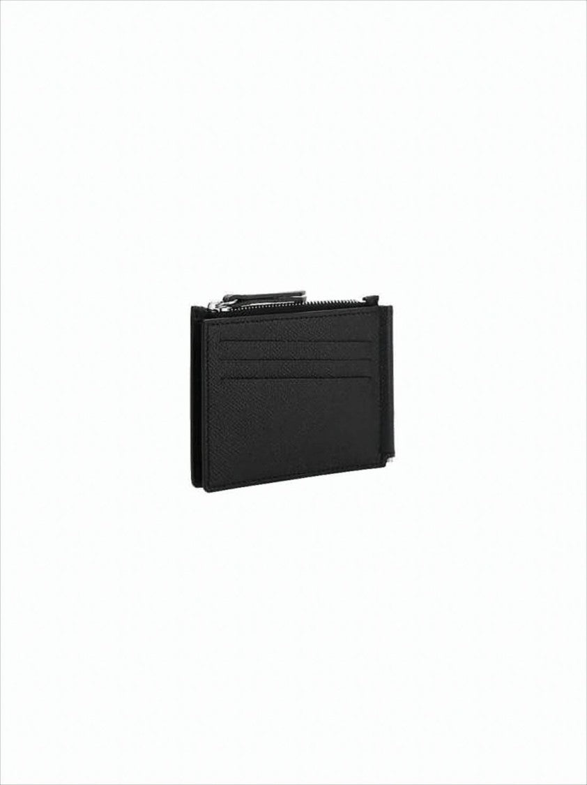 Maison Margiela Compact Black Leather Wallet With Zippered Compartment And Signature Stitched Detail
