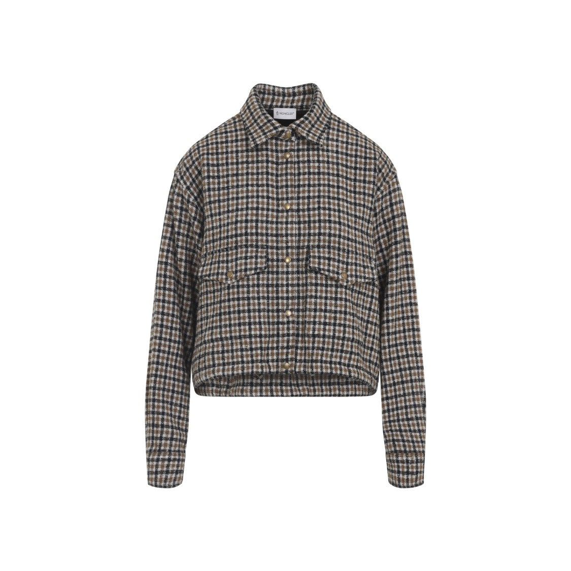 Moncler Checked Grey Wool Shirt With Asymmetric Hem And Buttoned Cuffs
