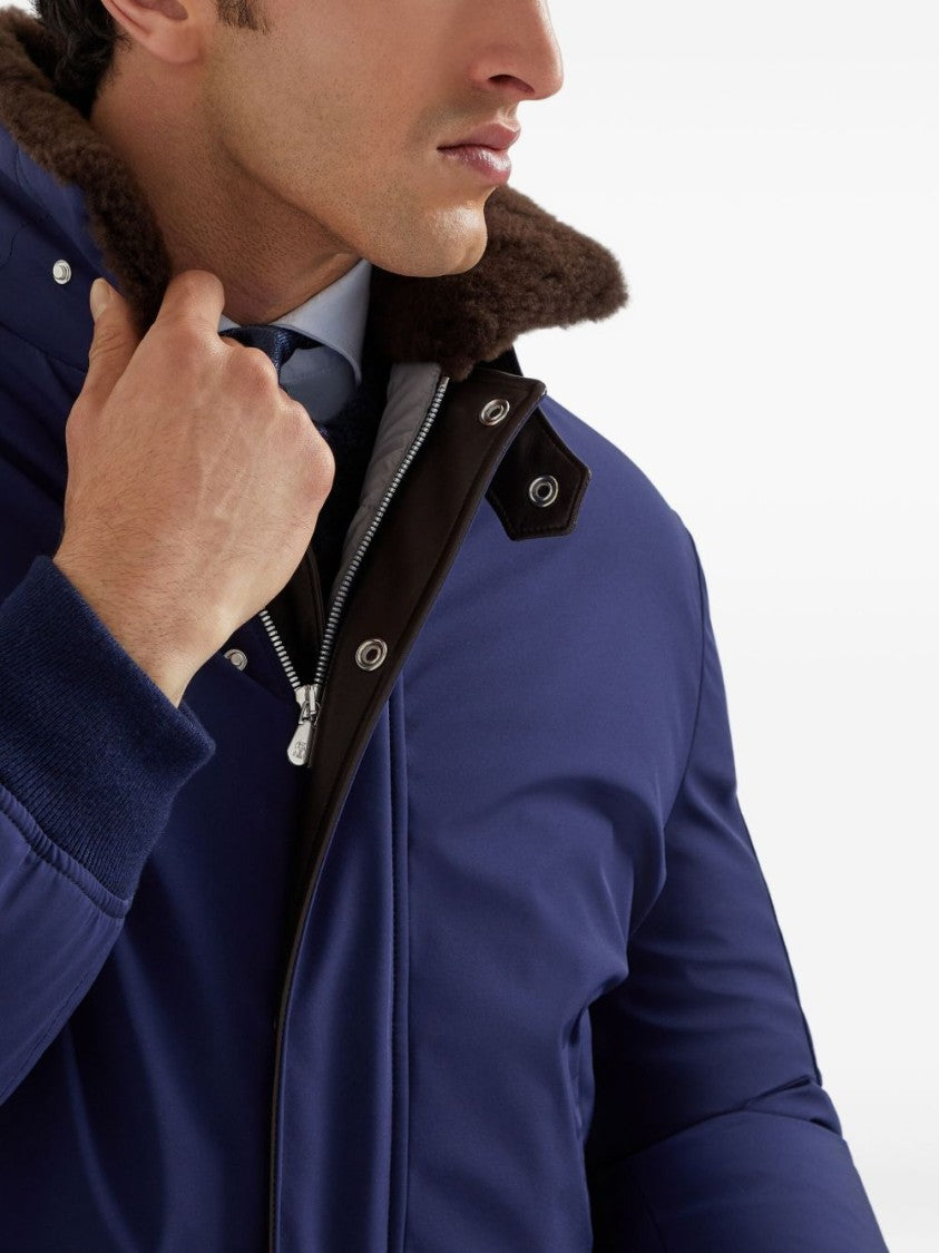 Brunello Cucinelli Padded Deep Blue Jacket With Plush Fur Collar