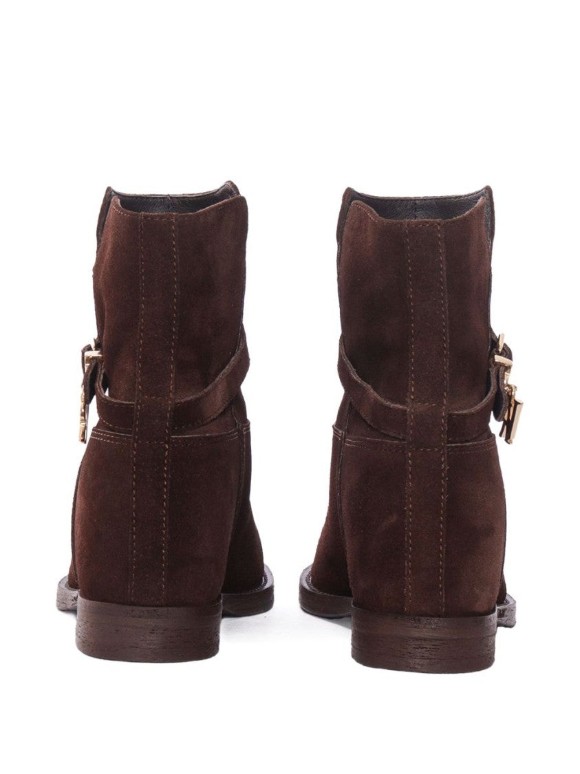 Via Roma 15 Dark Brown Suede Ankle Boots With Decorative Strap And Gold-Tone Accents