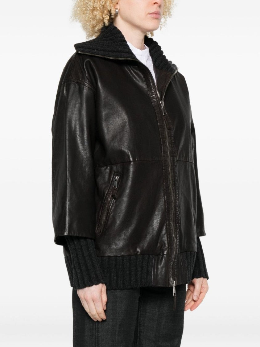 The Jack And Jackie Leathers Boxy Brown Leather Jacket With Knit Accents