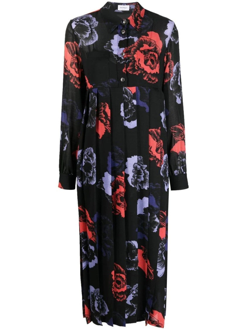 Salvatore Ferragamo Beige Midi Dress With Floral Pattern And Button-Up Front