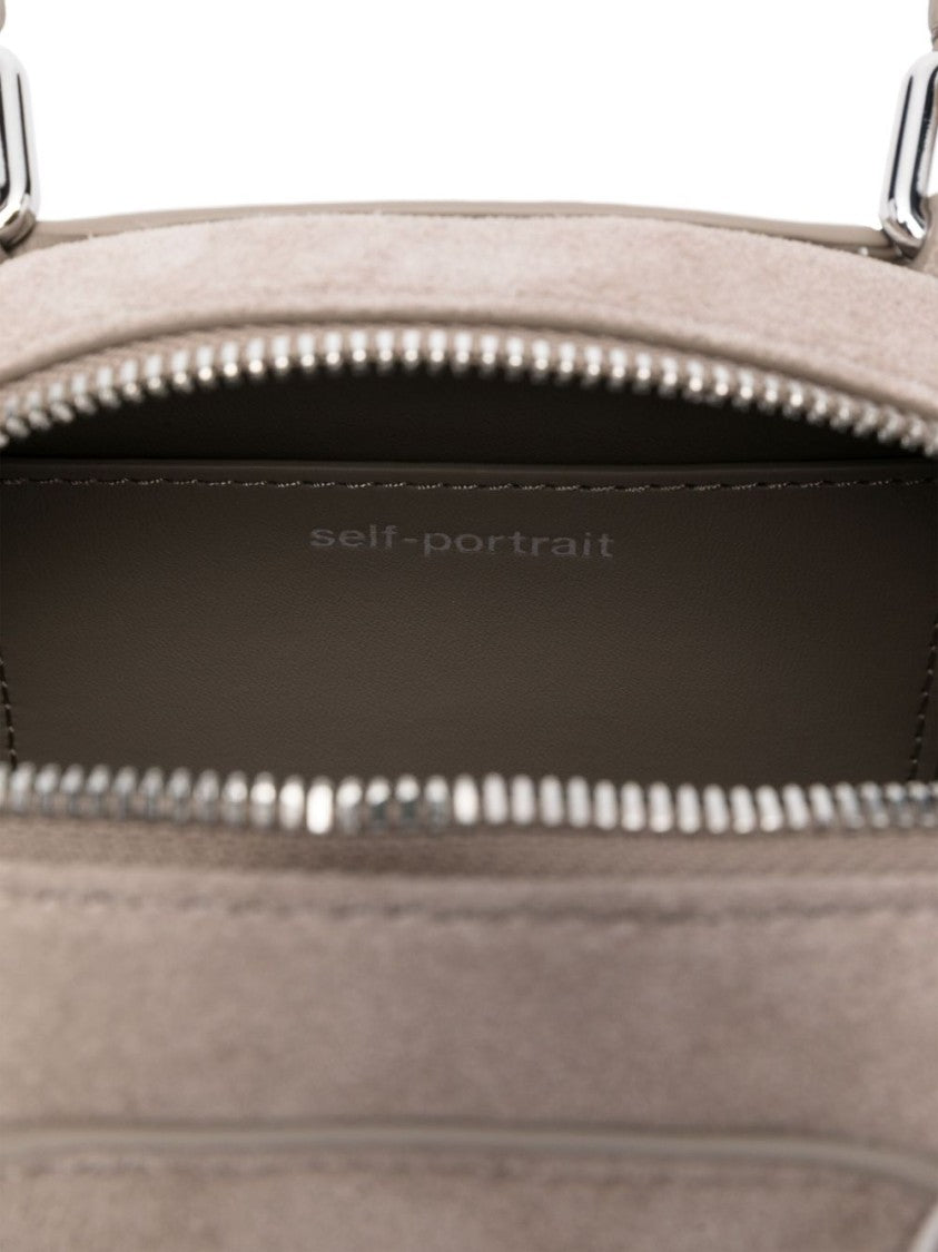 Self-Portrait Elongated Half-Moon Gray Suede Shoulder Bag