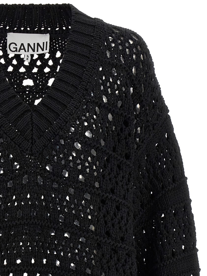 Ganni Black Crochet V-Neck' Sweater