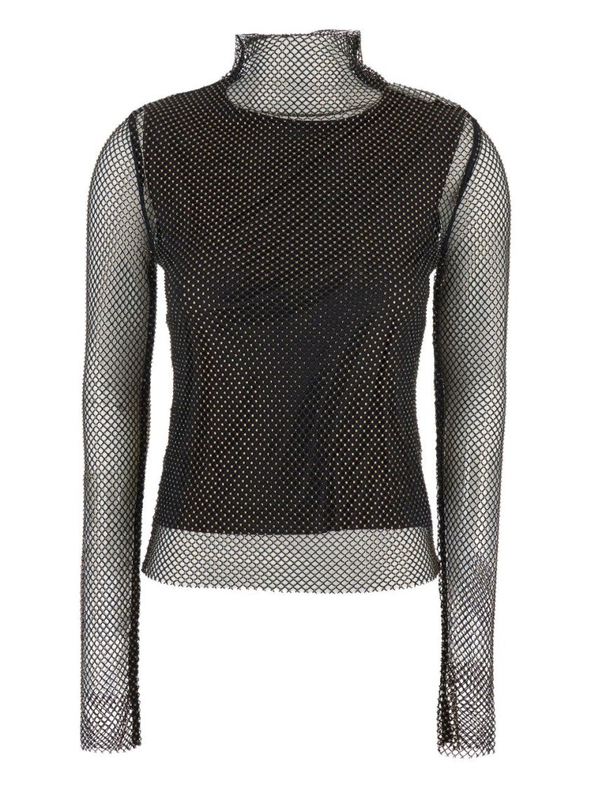 Sportmax Sheer Fishnet Long-Sleeve Fitted Top With High Neck