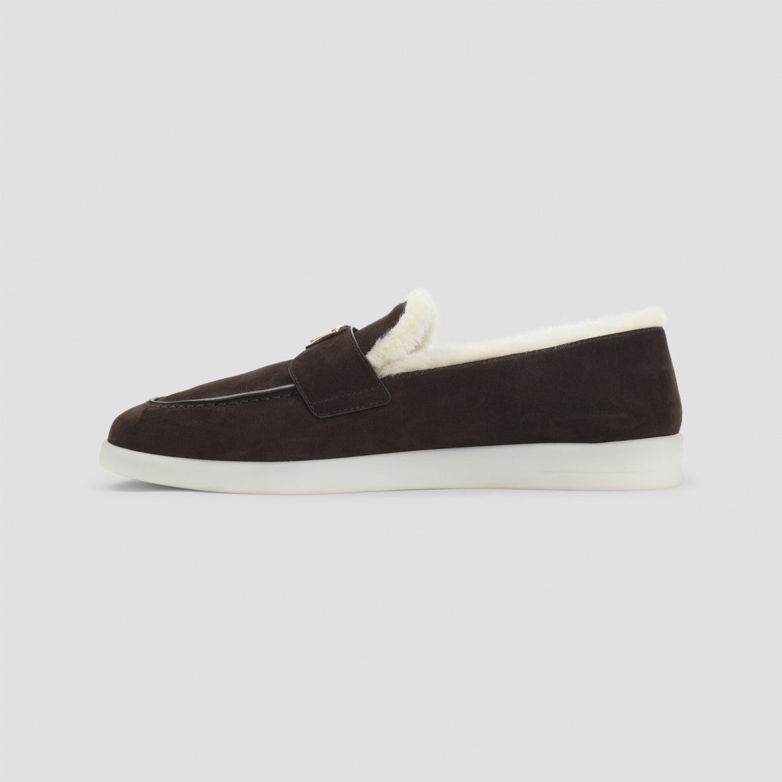 Prada Brown Suede Loafers With Shearling Lining And Minimalist Design