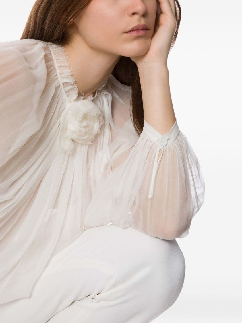 Alberta Ferretti Sheer Silk Blouse With Floral Embellishment