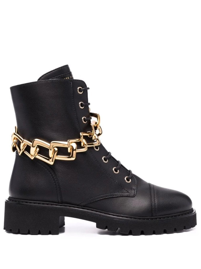 Giuseppe Zanotti Black Leather Biker Boots With Oversized Gold Chain Detail