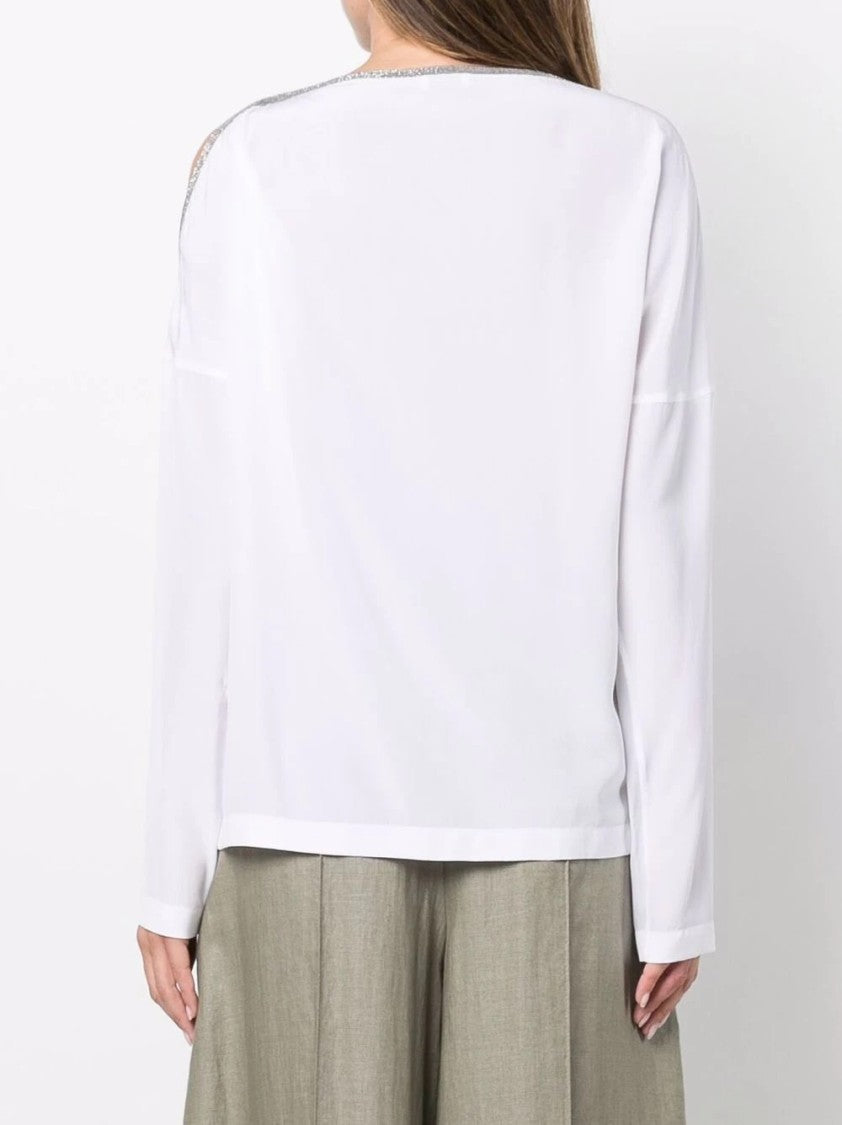 Brunello Cucinelli White Silk Long Sleeve Boat Neck Sweater