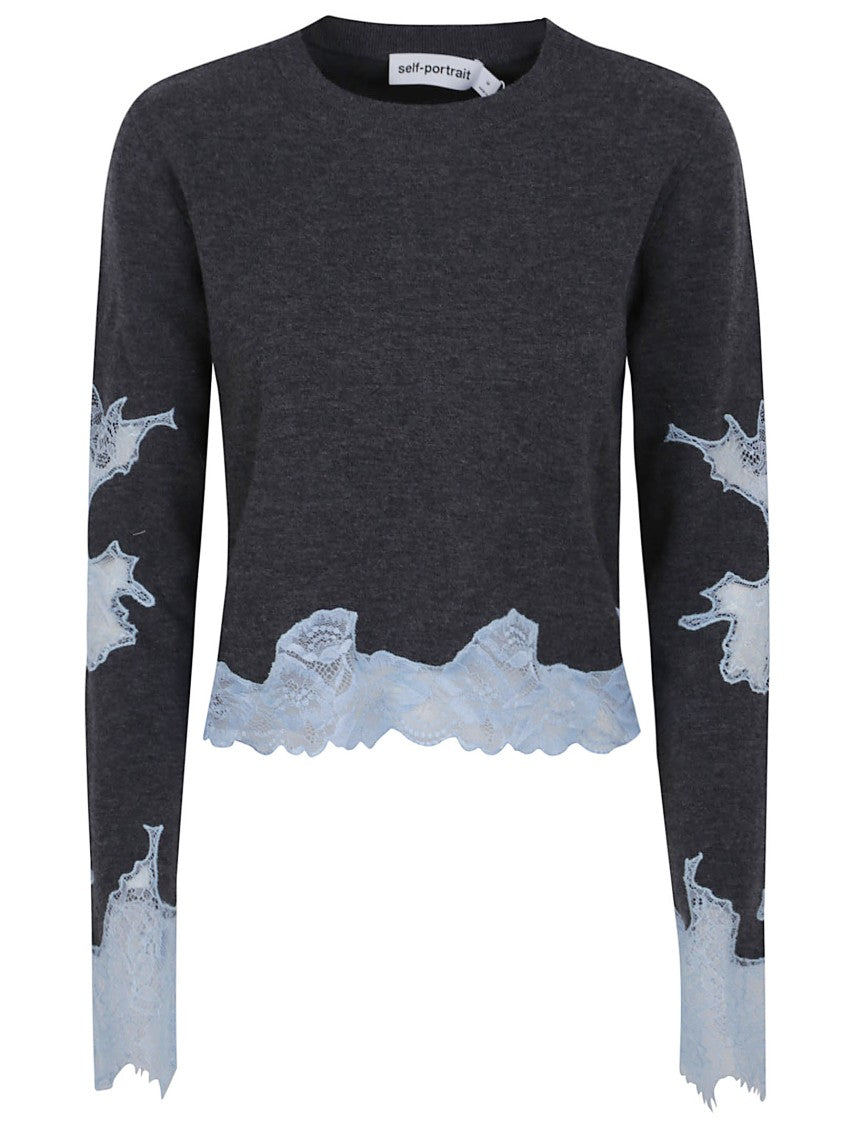 Self-Portrait Grey Contrast Lace Jumper